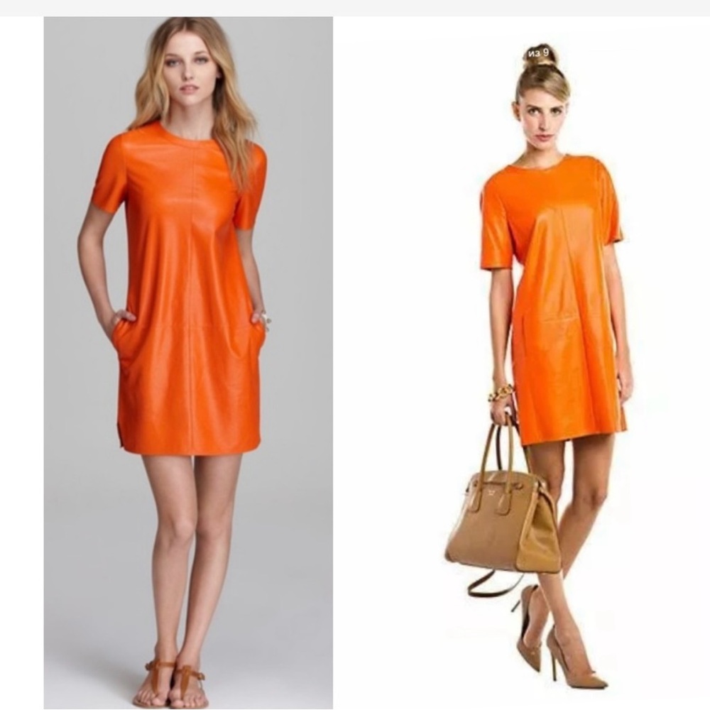 Vince Dress Perforated Lamb Leather Persimmon Orange Halloween Designer Luxury